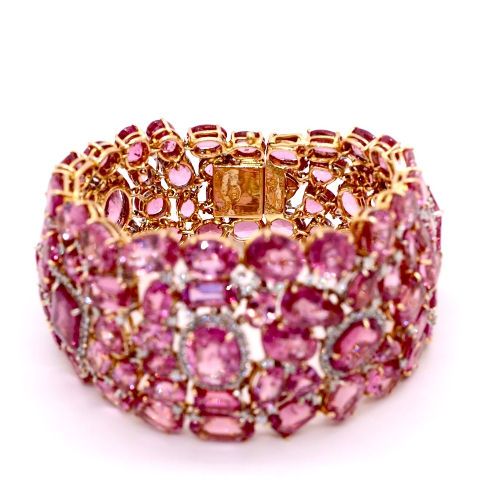 66.47 Pink Spinel Yellow Gold Diamonds Bracelet - Picture 7 of 12